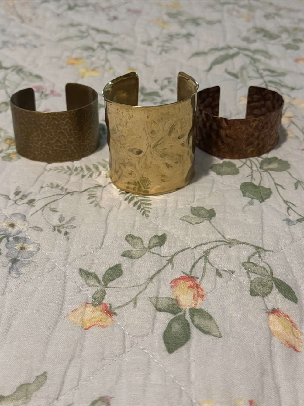 Set of Three Hammered Metal Cuff Bracelets - Gold, Brass, Copper Tones